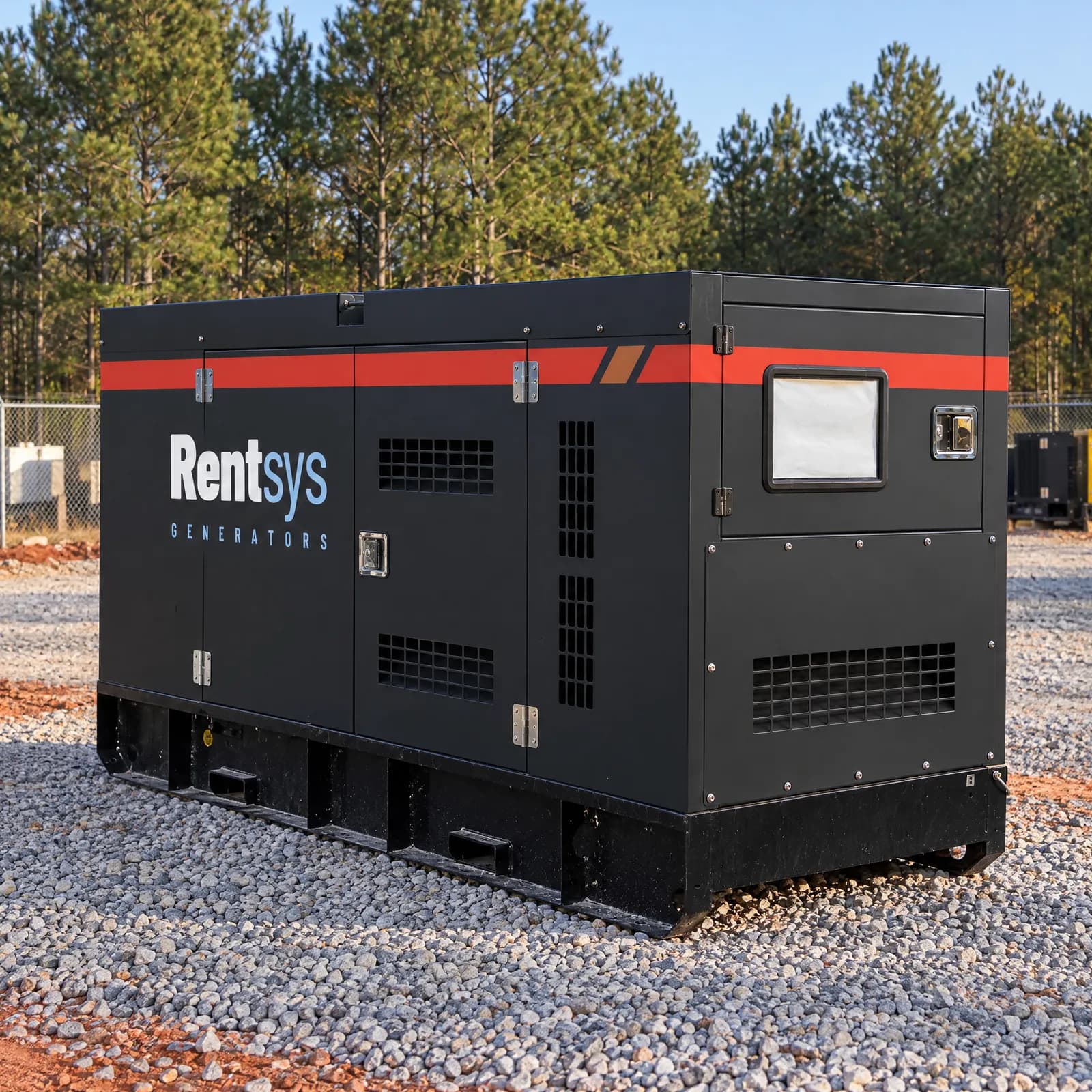 Rentsys mid-range enclosed generator on a gravel yard